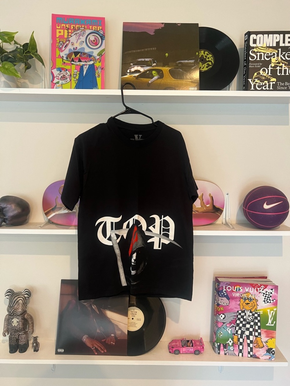 VLONE Black Kids Tee with White Gothic Logo and Red Accent